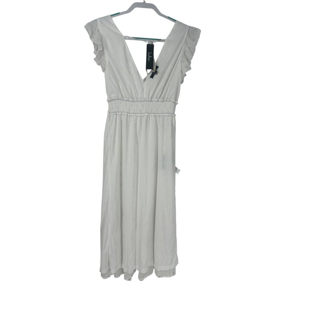✨ NWT Lulus White Gold Polka Dot Ruffle Tiered Midi Dress S ✨ - Picture 6 of 8